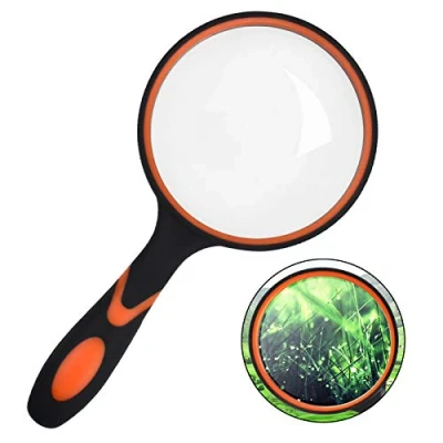 Afbeelding van Skyzone Vergrootglas 10X, 100mm/4inch vergrootglas, handleesvergrootglas met antislip zacht rubberen handvat voor het lezen van boeken, inspectie, insecten en hobbyobservatie (oranje)