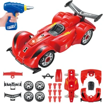 Afbeelding van Pup Go Neem F1 raceauto voor kinderen vanaf 3 jaar, 24 delig met simulatie elektrische boormachine, realistisch geluid en led, bouw je speelgoedauto, beste cadeaus jongens (rood)