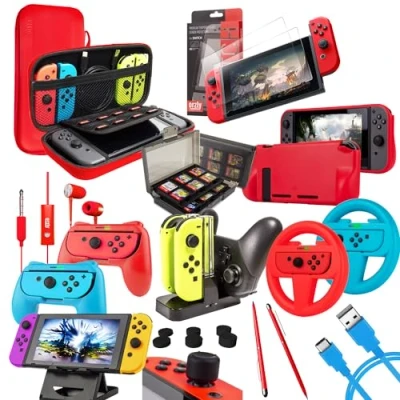 Afbeelding van Orzly Bundle met Switch accessoires Geekpakket voor Nintendo Switch: hoesje en schermbeschermer, Joycon handgrepen racesturen, laadstation de Controller, Comfort Grip hoes meer ColourPop