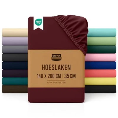 Afbeelding van Utopia Bedding Hoeslaken, 35 cm Diepe, Eenvoudig onderhoud Zachte Geborstelde Microvezel Stof, Krimp en Vervaagt Bestendig (140 x 200 cm, Bordeauxrood)