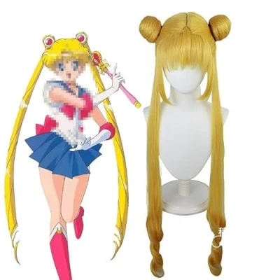 Afbeelding van Anime Cosplay pruik, Sailor Moon Tsukino Usagi vrouwen gouden dubbele paardenstaart lang haar met pruik pet, voor Halloween, feest, carnaval, nachtleven