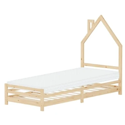 Afbeelding van kinderbed huis 90x200 cm naturel met matras H:10cm houten lattenbodem schoorsteen Design ML