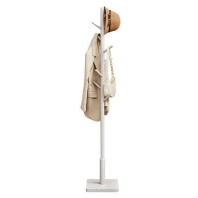 Afbeelding van VASAGLE Kapstok, houten kledingrek, staande standaard met 8 haken, 3 hoogtes, voor jassen, hoeden, tassen, entree, hal, rubberhout, beige cappuccino