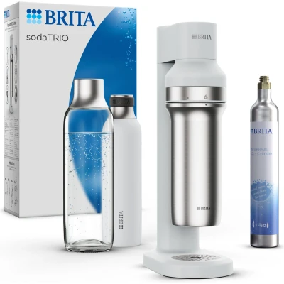 Afbeelding van BRITA SodaTRIO Bruiswatertoestel Wit met flesvoet, CO2 cilinder, glazen &amp; rvs fles