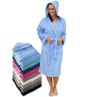 Afbeelding van LEBENGOOD Badjas voor dames met capuchon, 100% Amerikaanse badstof, 400 g, zakken, zachte badjas, badhanddoek, Hemel, S