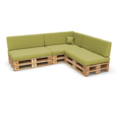 Afbeelding van POKAR 8 delige set voor europalleten: 3 x zitvlak 120 80 cm + rugleuning 40 1 (zijkant) 60 sierkussen cm, tuinbank, zonder pallets, limoen