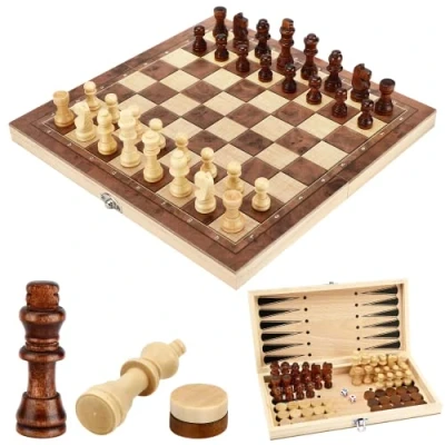 Afbeelding van Schaakspel, 3 in 1 schaakbord, hout, hoogwaardig dames, backgammon, draagbare en opvouwbare inklapbaar, voor kinderen, volwassenen, feest, reizen, 29 x cm
