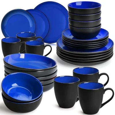 Afbeelding van MIAMIO 30 delig Servies voor 6 Personen/Steenwaren Set Inclusief Borden, Kommen en Mokjes Geschikt Magnetron &amp; Vaatwasser Le PaPillon Collectie (Blauw)