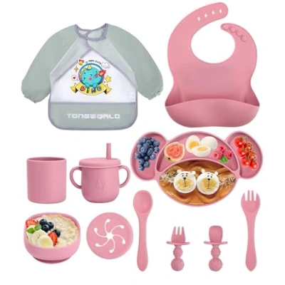 Afbeelding van Jissta siliconen babyserviesset, babyborden, 11 delige set, kinderbord met zuignap, waterdichte babyslabbetjes, borden, antislip, BPA vrij, roze