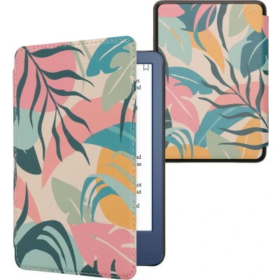 Afbeelding van kwmobile E reader hoesje geschikt voor Amazon Kindle (2022) hoes flip case met magnetische sluiting Ereader cover Tropische jungle design in poederroze / geel groen