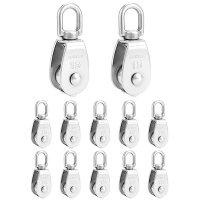 Afbeelding van QWORK® 12 stuks M15 katrol, 304 RVS katrollen voor staalkabels tot 6 mm diameter, draagvermogen 35 kg
