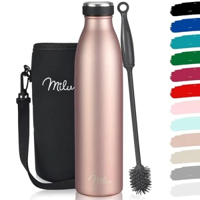 Afbeelding van Milu Roestvrijstalen Drinkfles 350ml 500ml 750ml 1000ml Thermosfles Geïsoleerde Waterfles Lekvrije Fles Dubbelwandig Koolzuurhoudend Incl. Reinigingsborstel (Roségoud, 1000ml)