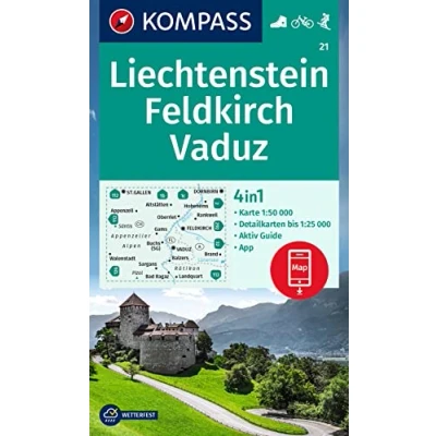 Afbeelding van 21 LIECHTENSTEIN FELDKIRCH VADUZ: 4in1 Wanderkarte, mit Aktiv Guide und Detailkarten inklusive Karte zur offline Verwendung in der KOMPASS App. Fahrradfahren. Skitouren.