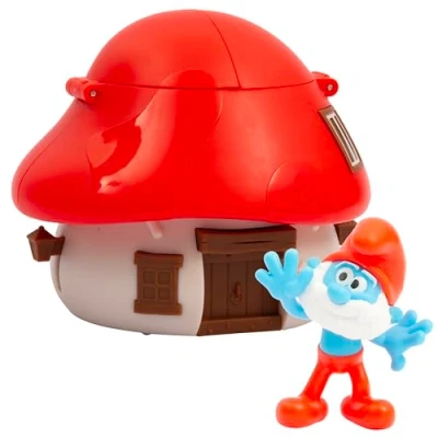 Afbeelding van Giochi Preziosi De Smurfen, 5,5 cm papa smurf en rood dakhuis, oplaadbaar mechanisme met verrassingsconfetti effect, vanaf 3 jaar, verzamel alle 6 kleurrijke huizen