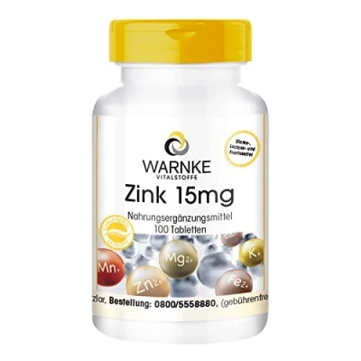 Afbeelding van Zink 15 mg 100 tabletten, organische vorm als zinkgluconaat, sporenelement, veganistisch Warnke Vitalstoffe Duitse apothekerskwalitei