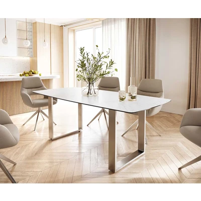 Afbeelding van Eettafel Edge Bootsform keramiek Laminam® Statuarietto wit 200x100 roestvrij staal smal