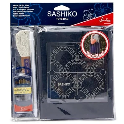 Afbeelding van Sew Easy Sashiko Bag Kit 36 x 42 cm Tote Kit, Complete Set met draad Stof Sjablonen Potlood Naalden Instructies