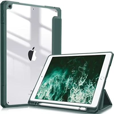 Afbeelding van Fintie Hoes Compatibel met 10,2 inch iPad 9. 2021/8 generatie. Generatie 2020/7. NL 2019 &quot;Ingebouwde pennenhouder&quot; schokbestendige afdekking, transparante, transparante harde behuizing achterhoes, donkergroen