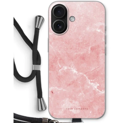 Afbeelding van Case Company® hoesje met Koord geschikt voor iPhone 16 Roze marmer Telefoonhoesje Zwart Bescherming aan alle Kanten en Over de Schermrand