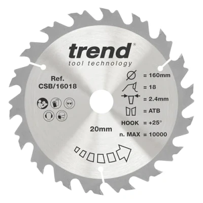 Afbeelding van Trend CraftPro CSB/16018 TCT Invalzaagblad voor hout, diameter 160 mm, boring 20 18 tanden, 1,8 mm kerf, 15 haak