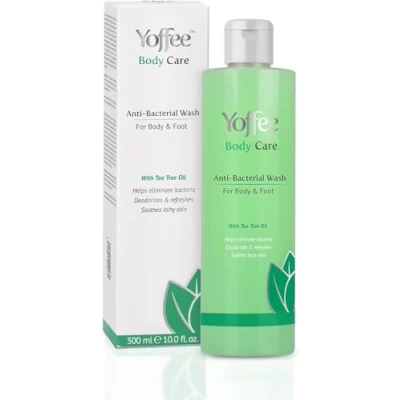 Afbeelding van Yoffee Anti Bacterial Wash Antibacteriële Douchegel 300 ml Tea Tree Kokosolie Verwijdert geuren Verlicht jeuk en huidirritaties Voor Lichaam Voeten Vegan Made in Spain