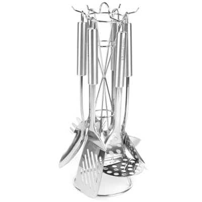 Afbeelding van Russell Hobbs RH00123EU Kitchen Utensil Set &amp; Holder, 6 Piece Includes Ladle, Spaghetti Spoon, Slotted Solid turner and Masher, Easy Clean, Mirror Polish Finish, Stainless Steel