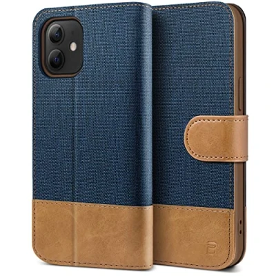 Afbeelding van BEZ iPhone 12 Mini Hoesje, (5.4) Hoesje Book Case Leer Wallet, Flip Wallet [Canvas Kunstleer] met Creditcardhouders, Standaard, Magnetische Sluiting, Blauw
