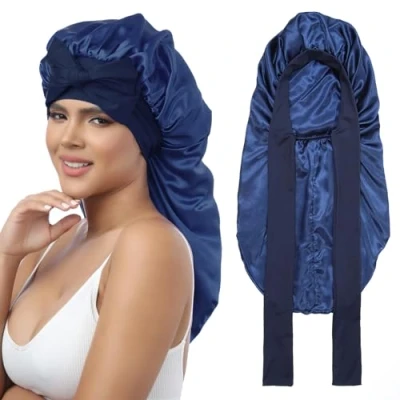 Afbeelding van Coubeau Lange slaapmuts van satijnen zijde voor dames, haarmuts de nacht lang krullend haar, slaapmuts, zijdehaar