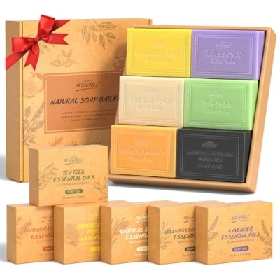 Afbeelding van Natuurlijke zeep cadeauset, 6 stuks Badkamer badzeep, biologische voor mannen en vrouwen, gezichts lichaamszeep, lavendel, amandel Havermout, kurkuma Kojiczuur, bamboehoutskool, etc. 6x100g