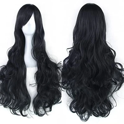 Afbeelding van IMISSU 80cm lang krullend natuurlijk haar cosplay pruik met pony kleurrijke halloween kostuum partij pruiken voor vrouwen (Zwart)