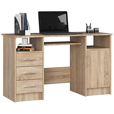 Afbeelding van Pc bureau Ana met toetsenbordplank, bureautafel, computertafel, 3 laden, 1 opbergvak deur, 2 open opbergvakken, B124 x H74 D52 cm, 45 kg, Sonoma eiken