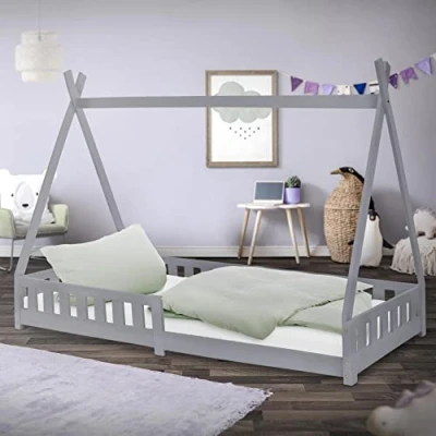 Afbeelding van ML Design kinderbed Tipi 90x200 cm lichtgrijs met uitvalbeveiliging en lattenbodem, grenen hout, indianenbed van massief hout voor meisjes jongens, huisbed hek kinderhuisje jeugdbed speelbed tent