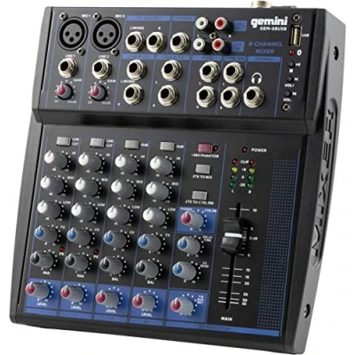 Afbeelding van Gemini Sound Gem 08USB Compacte 8 kanaals analoge mixer inclusief 2 microfoonkanalen, 3 bands EQ, USB weergave vanaf apparaten en Bluetooth streaming