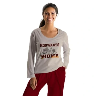 Afbeelding van Harry Potter pyjama voor dames Hogwarts is My Home pyjamaset, lange mouwen, bovendeel met broek, beige/rood, grijs/zwart, XL