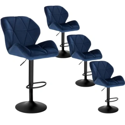 Afbeelding van WOLTU barkruk BH139bl 4 set van barstoelen bistrokruk designer kruk met rugleuning, in hoogte verstelbaar, draaibaar, fluweel staal, blauw