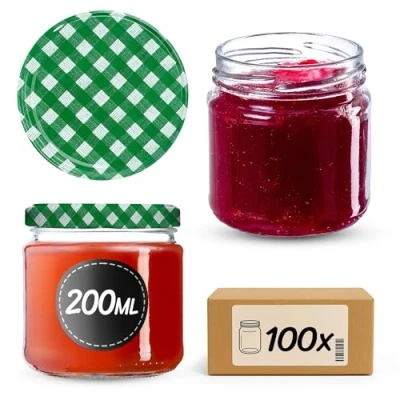 Afbeelding van KADAX kleine inmaakpotten, 200 ml, jampotten, diameter 66 mm, potten voor honing en specerijen, luchtdichte potten, weckpotten, ronde (100 stuks, groen geruit)