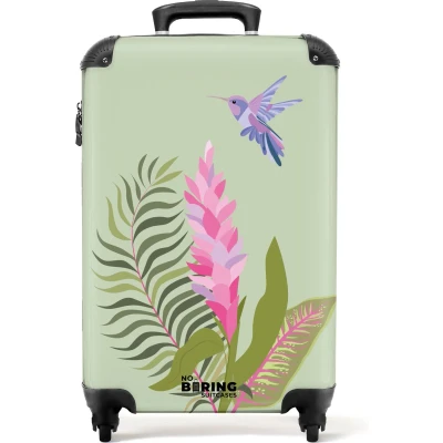 Afbeelding van NoBoringSuitcases.com® Handbagage koffer lichtgewicht Reiskoffer trolley Groen met tropische print Rolkoffer wieltjes Past binnen 55x40x20 en 55x35x25