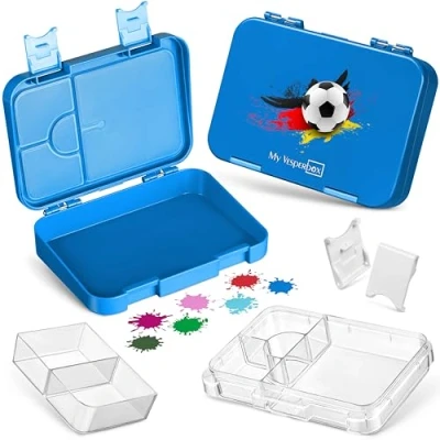 Afbeelding van Bento Box lunchbox voor kinderen, met 4 + 2 vakken, extreem robuust, broodbox, ideaal kleuterschool en school (blauw, voetbal)