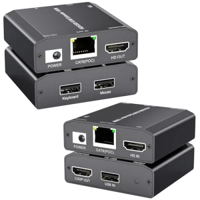 Afbeelding van YOUTINGHDAV HDMI USB KVM Extender, lossless Latency Extender over IP Ethernet tot 150 m via CAT6 / CAT5e, plug and play, ondersteuning 1080p @60Hz, Loop Out, POE, muis en toetsenbord