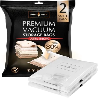 Afbeelding van GENIE SPACE Zeer Sterke Premium Ruimtebesparende Vacuum Zakken 2 x SMALL (60x40cm) Luchtdicht &amp; Herbruikbaar 80% meer ruimte voor Kleding, Handdoeken, Beddengoed, Dekbedden