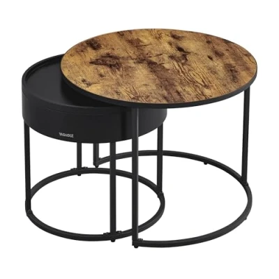 Afbeelding van VASAGLE Salontafels, set van 2 ronde bijzettafels, nesttafels, moderne stijl, verborgen opslag en bovenste lade, voor woonkamer, slaapkamer, balkon, rustiek bruin inktzwart LCT044K01