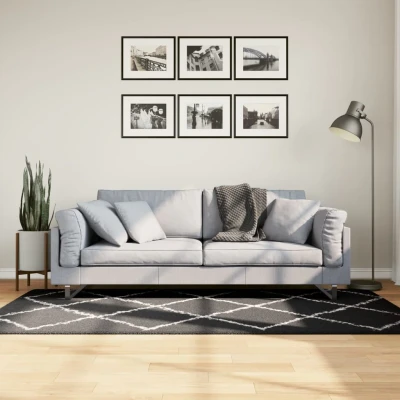 Afbeelding van Vloerkleed shaggy hoogpolig modern 100x200 cm zwart en crème