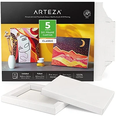 Afbeelding van Arteza Opvouwbare canvas planken voor schilderen, 8,5 x 11 inch, verpakking van 5, 100% katoen, 8 oz gegronde witte doeken, doe het zelf frame, kunstbenodigdheden acryl en olieverf tekening
