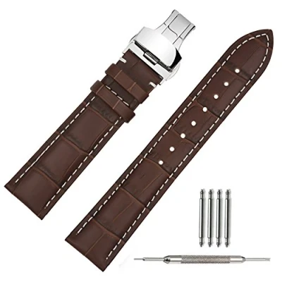 Afbeelding van TStrap Horlogebandje, heren, leer, zwart, met roestvrijstalen vouwsluiting, 18 mm/19 mm/20 mm/21 mm/22 mm, Bruin witte naad., 20 Riemen.