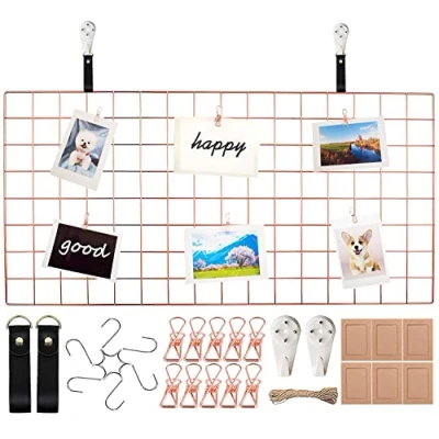 Afbeelding van WUZILIN Wandrooster, doe het zelf gaaspaneel als decoratieve fotowand, prikbord of memobord, om foto‘s op te hangen in de keuken, kantoor enz., 40 x 80 cm, roségoud