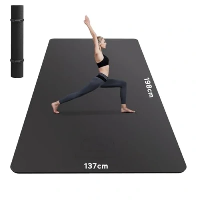 Afbeelding van HAPBEAR Yogamat, XXL, extra breed, TPE, sportmat, fitnessmat, antislip, 198 cm x 137 6 mm dik, ultra duurzaam, gymnastiekmat voor pilates, gym, thuis, workout, zwart