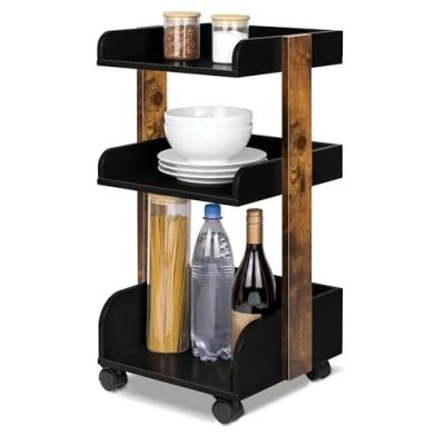 Afbeelding van Bomoe Opbergwagen op 4 Zwenkwielen met Rem &amp; 3 Etages Bosse FSC® Houten Rolwagen Serveerwagen Keukentrolley voor Keuken Badkamer Kantoor Woonkamer 32x35x69cm Zwart Bruin