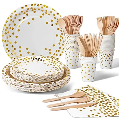 Afbeelding van Nkaiso Party Servies Wit Goud 140 Stuks Papier Set Inclusief Wegwerpborden Papieren Platen Servetten Bekers, voor Bruiloft Douche, Betrokkenheid, Bruiloft, Verjaardag (20 Gasten)