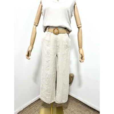 Afbeelding van Linnen broek met een rieten ceintuur en zijzakken elastische talie kleur BEIGE maat 38/40