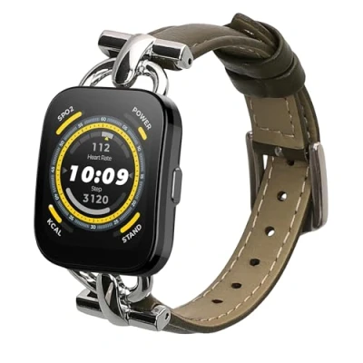 Afbeelding van kwmobile lederen horlogebandje geschikt voor Huami Amazfit Bip 5 Unity / GTR 4 polsband Echt leren smartwatch bandje Activity tracker horloge band in donkergroen